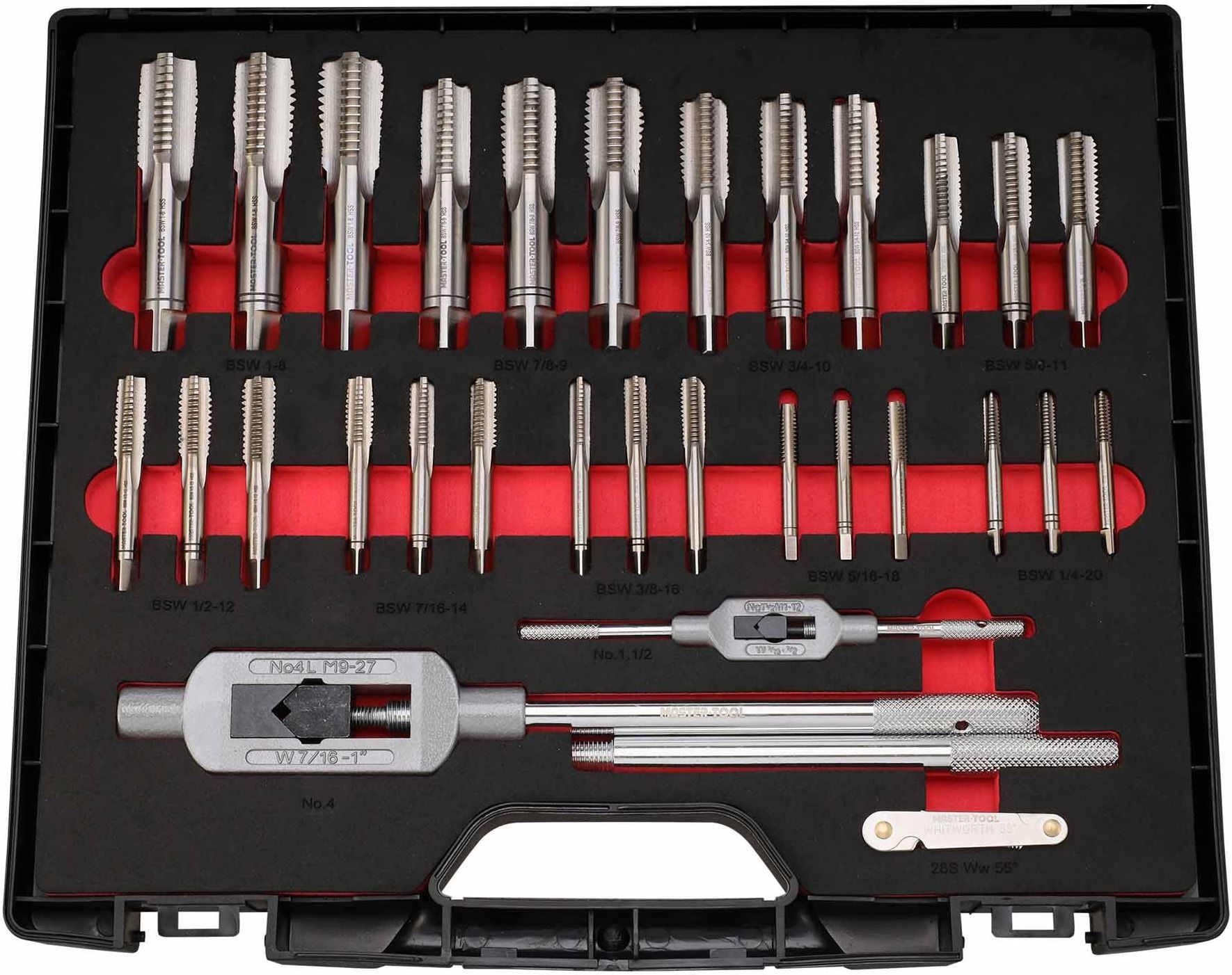 Набор метчиков и плашек BSW 1/4"-1" HSS-G Master-Tool 1014901010007, 46 предмметов - фото