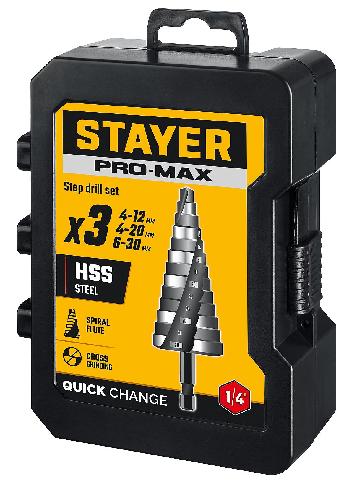 Набор ступенчатых сверл 4-30 мм с шестигранным хвостовиком Pro-Max Stayer 29661-4-30-H3, 3 шт - фото