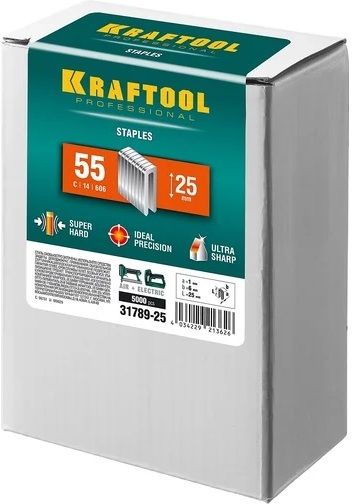 Скобы для степлера особо твёрдые тип 18GA (55 / 90 / C / 14 / 606) короткая спинка 5,5 мм Kraftool, оцинкованная сталь - фото