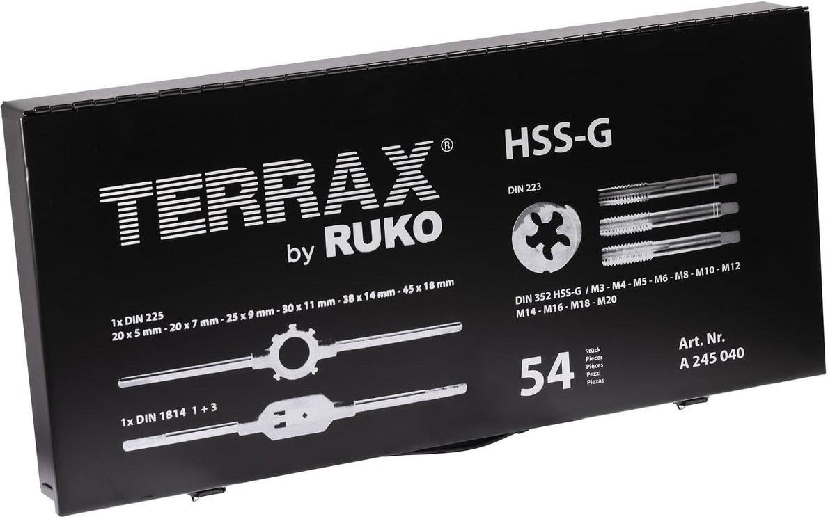 Набор метчиков и плашек М3-М20 HSS-G Terrax by Ruko 245040A, метрическая резьба, 54 предмета - фото