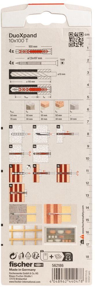 Дюбель фасадный DUOXpand 10x100 T Fischer 562186 с потайным шурупом, оцинкованная сталь, 4 шт в блистере - фото
