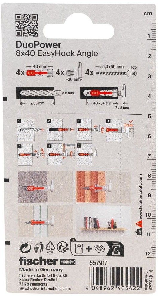 Дюбель 8х40 с винтом и угловым крюком EasyHook Fischer DUOPOWER 557917, нейлон, 4 шт в блистере - фото