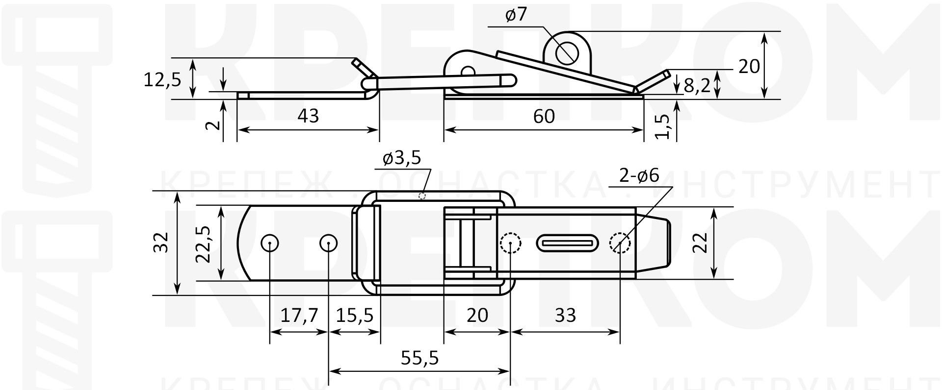 Замок-защелка лягушка с ушком L=80 B28, желтый цинк - фото
