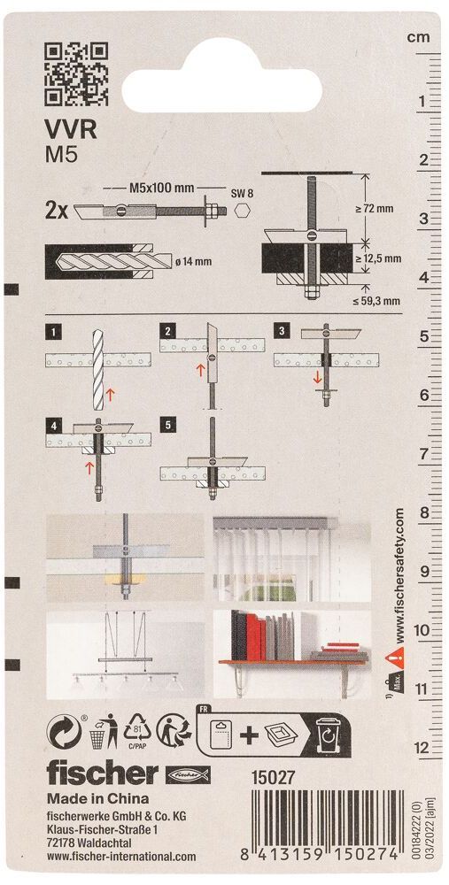 Дюбель самоустанавливающийся для пустотелых материалов VVR M5 Fischer 015027, оцинкованная сталь, 2 шт в блистере - фото