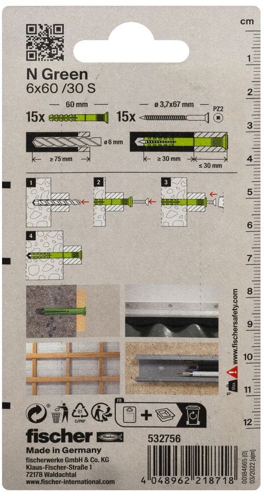 Дюбель-гвоздь 6х60 с потайным бортиком Fischer N-S Green 532756, оцинкованная сталь, 15 шт в блистере  - фото
