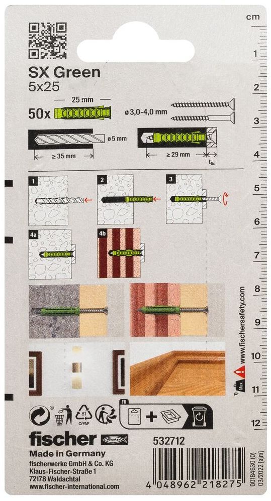 Дюбель SX Green 5x25 Fischer 532712 с кромкой, зелёный нейлон, 50 шт в блистере - фото