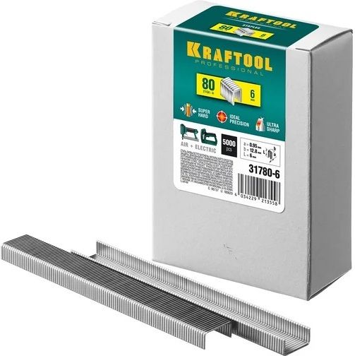 Скобы для степлера тип 21GA (80 / Prb A / Senco AT) плоские широкие особо твёрдые Kraftool, оцинкованная сталь, 5000 шт - фото