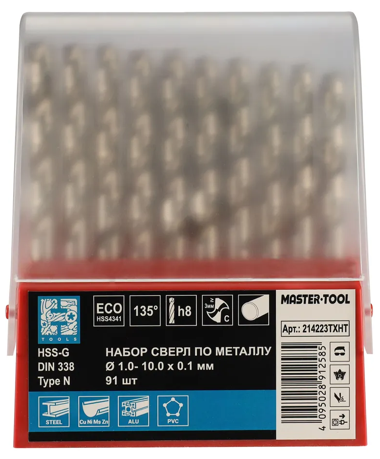 Набор сверл по металлу 1-10 мм HSS-G 135° DIN 338 H-Tools 214223TXHT, 91 шт - фото