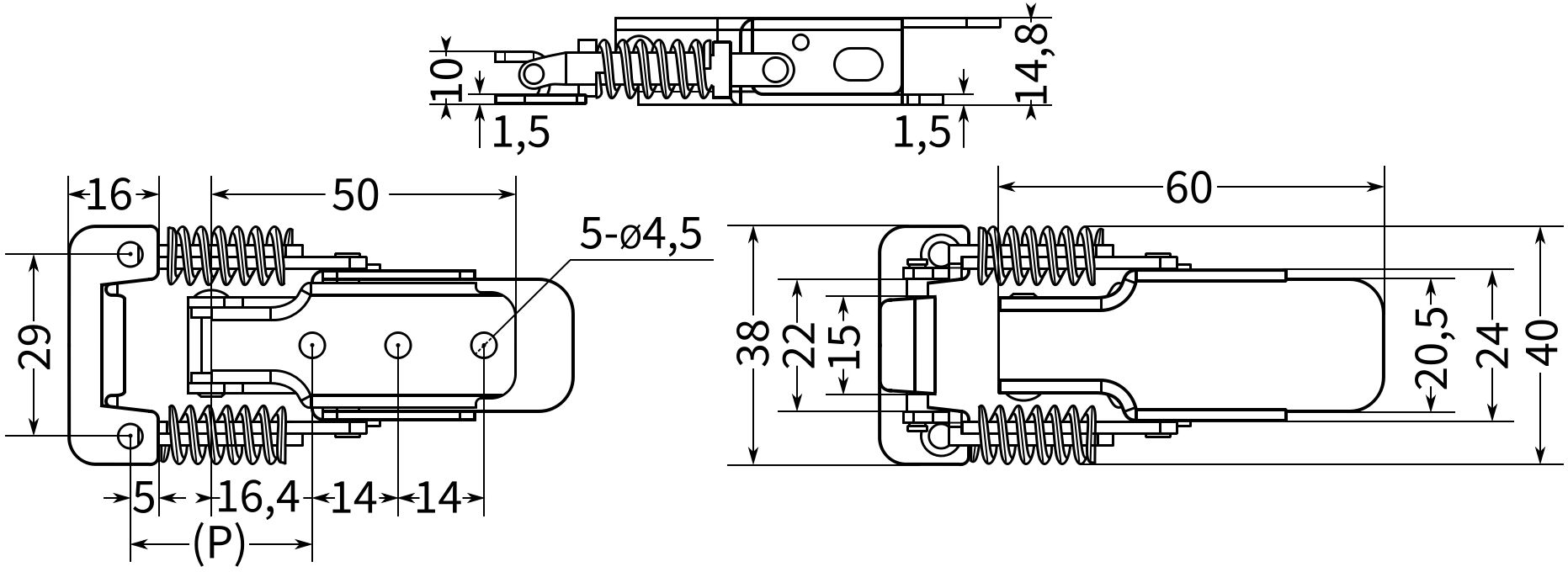 Замок-защелка натяжной L=60 B82C-3, нержавеющая сталь А2 - фото