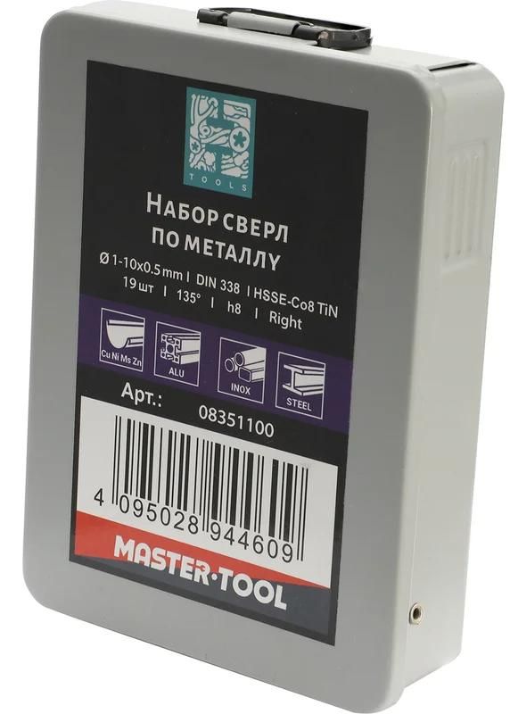 Набор сверл по металлу 1-10 мм HSSE-Co8 TiN 135° DIN 338 H-Tools 08351100, 19 шт - фото