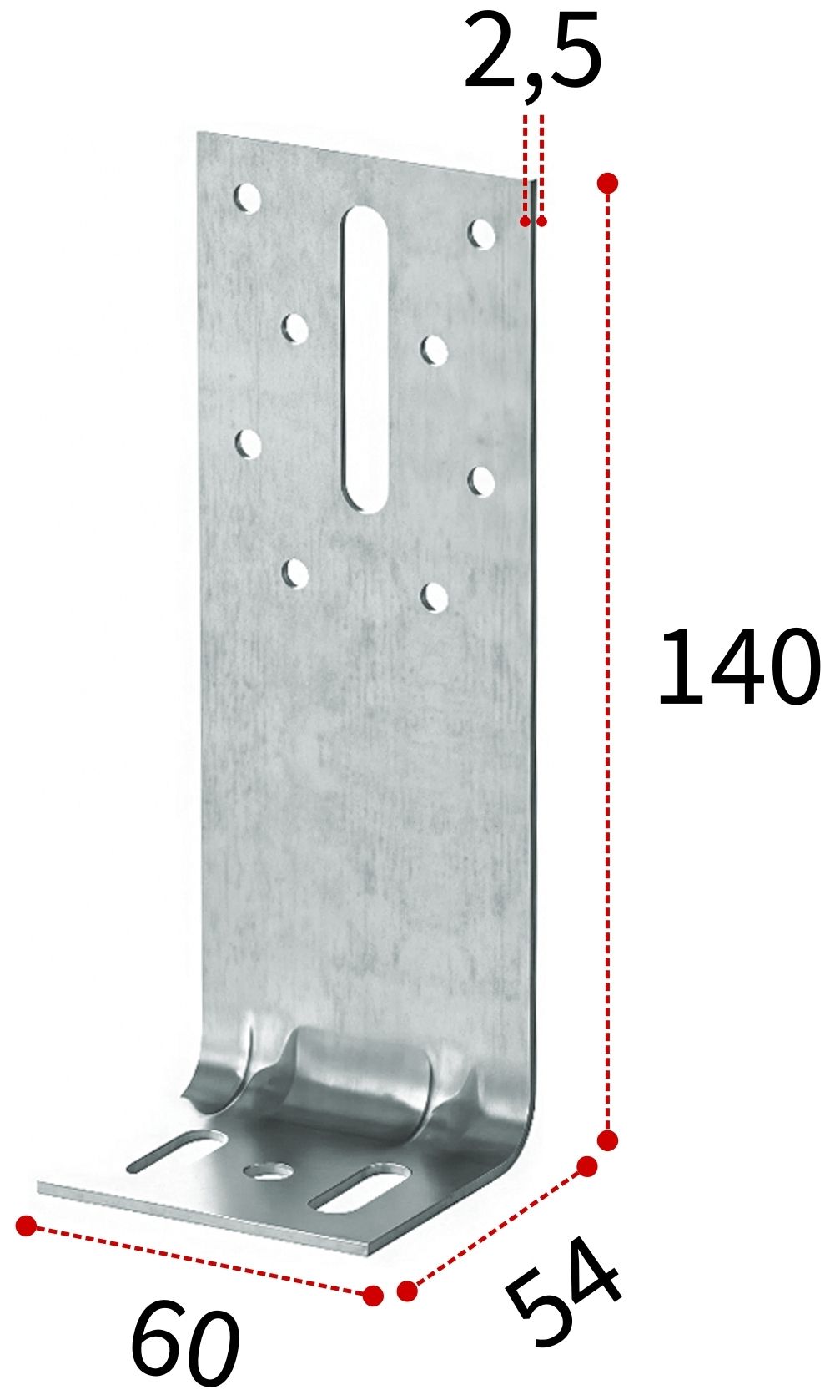 Уголок крепежный 140х54х60х2,5 мм с овальными отверстиями WKF, горячеоцинкованная сталь - фото