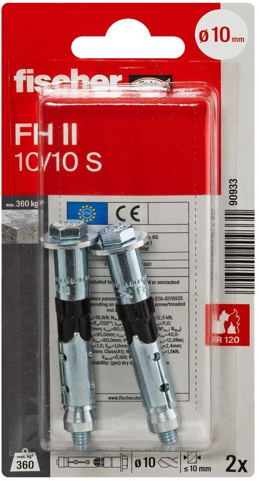 Анкерный болт с шестигранной головкой FH II 10/10 S Fischer 090933, оцинкованная сталь, 2 шт в блистере - фото