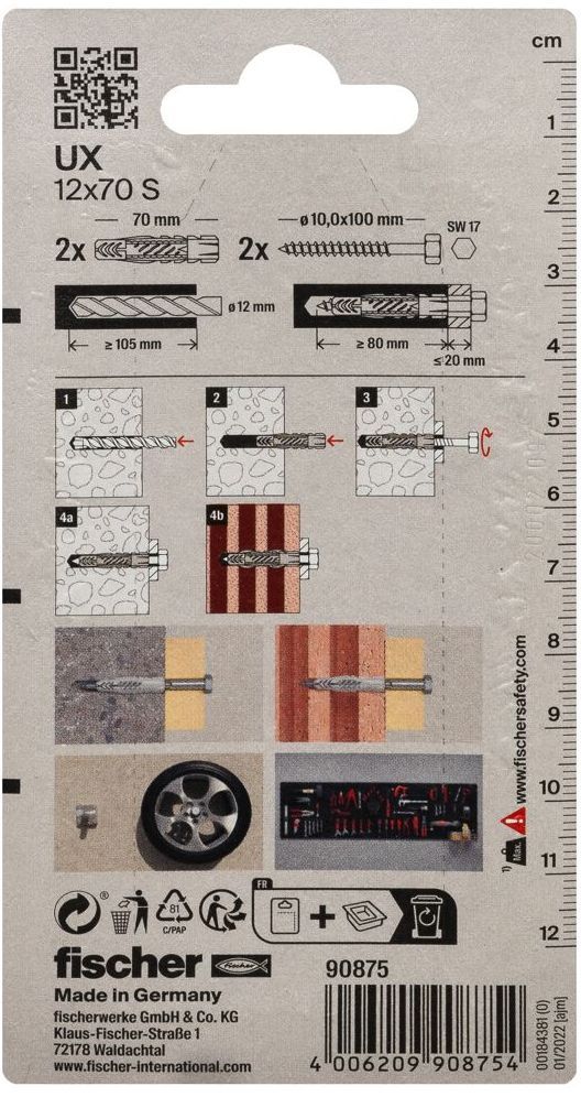 Универсальный дюбель UХ 12х70 S с винтом Fischer 090875, нейлон, 2 шт в блистере - фото