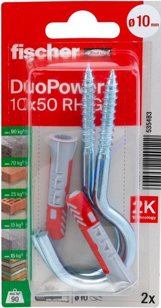 Дюбель 10х50 с круглым крючком RH G Fischer DUOPOWER K NV 535483, нейлон, 2 штуки в блистере - фото