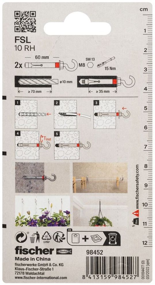 Анкер втулочный с крюком FSL 10 RH K Fischer 098452, оцинкованная сталь, 2 штуки в блистере - фото
