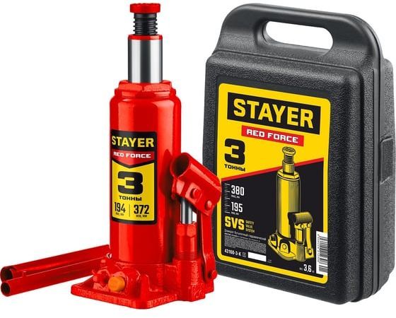 Домкрат гидравлический бутылочный 3 т 194-372 мм Stayer Red Force 43160-3-K_z01, в кейсе - фото