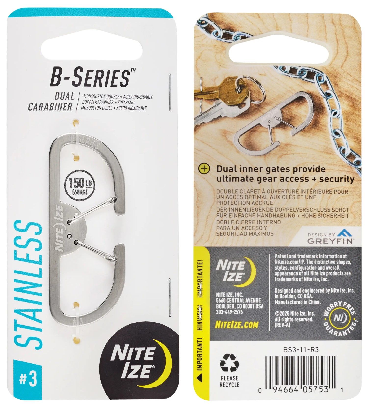 Карабин двухкамерный #3 Nite Ize B-Series Dual BS3-11-R3, нержавеющая сталь - фото