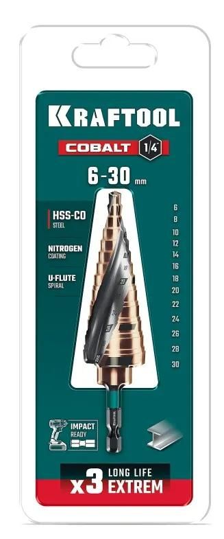 Сверло ступенчатое 6-30 мм, хвостовик HEX 1/4" M35 Cobalt Kraftool 29691-6-30-13, 13 ступеней - фото