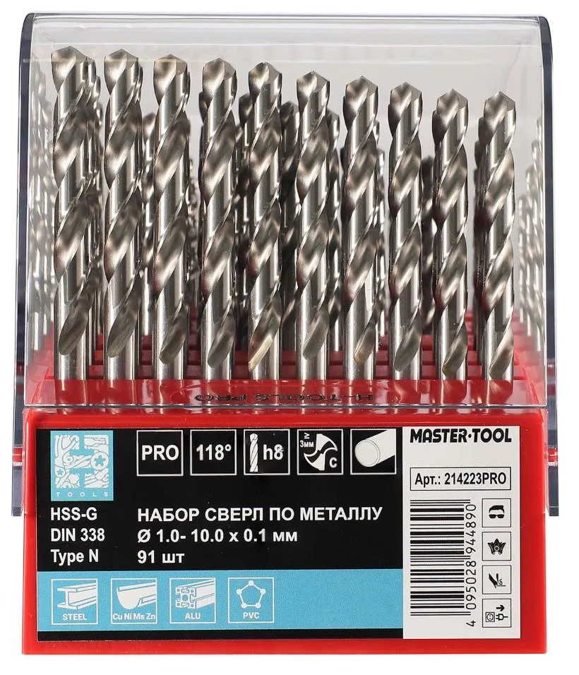 Набор сверл по металлу 1-10 мм HSS-G 118° DIN 338 Pro H-Tools 214223PRO, 91 шт - фото