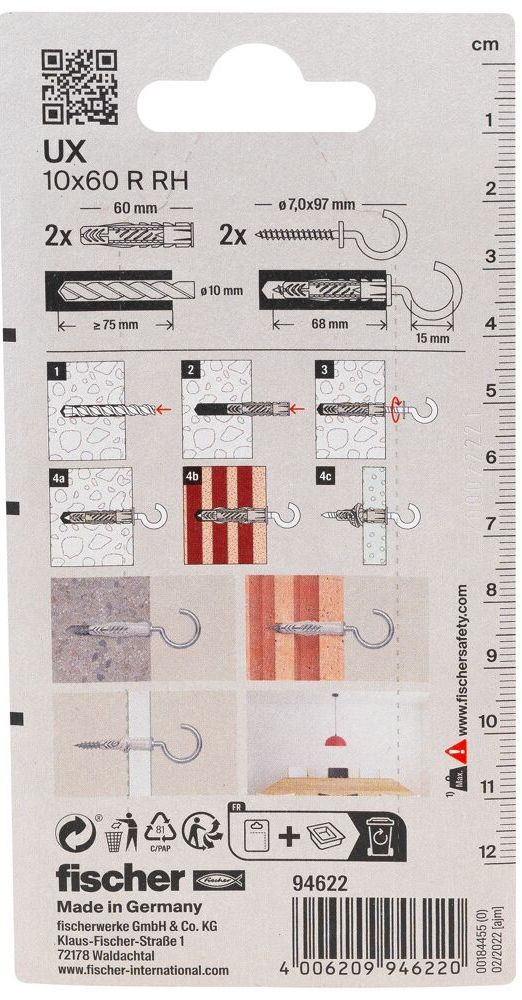 Дюбель UX 10х60 R с кромкой и саморезом с крюком RH K NV Fischer 94622, нейлон, 2 шт в блистере - фото