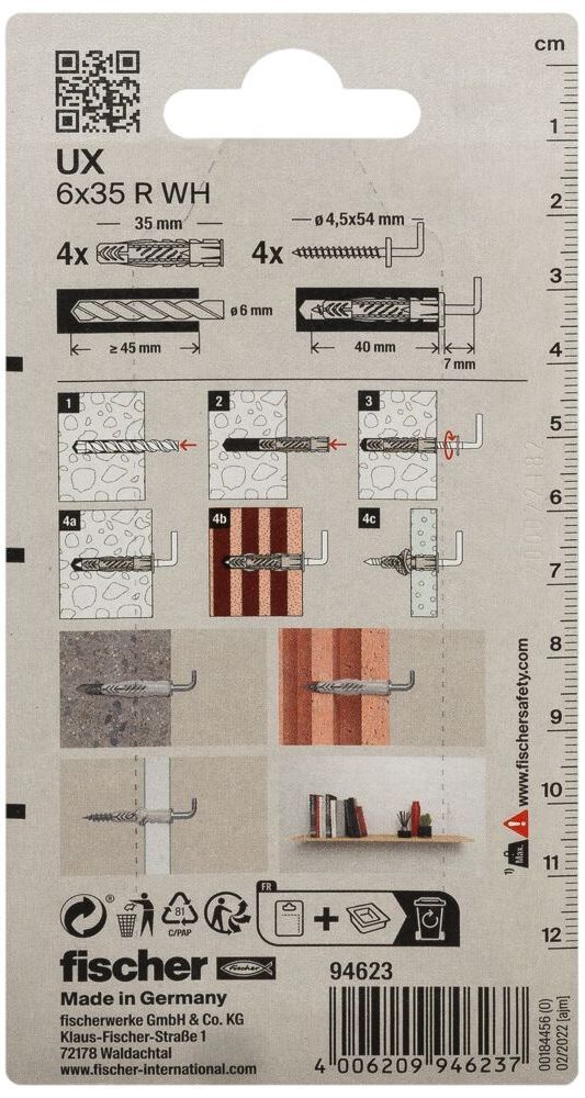 Дюбель UX 6х35 R с кромкой и саморезом с костылём WH K NV Fischer 94623, нейлон, 4 шт в блистере - фото