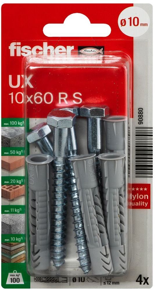 Универсальный дюбель UХR 10х60 S с кромкой и винтом Fischer 090880, нейлон, 4 шт в блистере  - фото