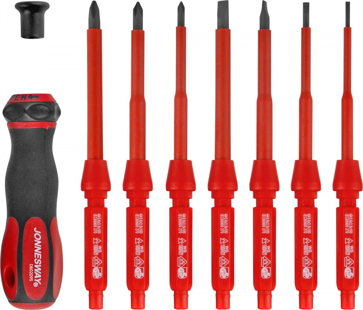 Изображение товара Диэлектрическая отвертка Jonnesway DV15109S с сменными стержнями, 9 предметов