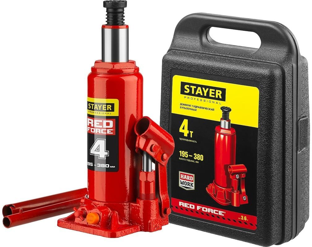 Домкрат гидравлический бутылочный 4 т 195-380 мм Stayer Red Force 43160-4-K_z01, в кейсе - фото