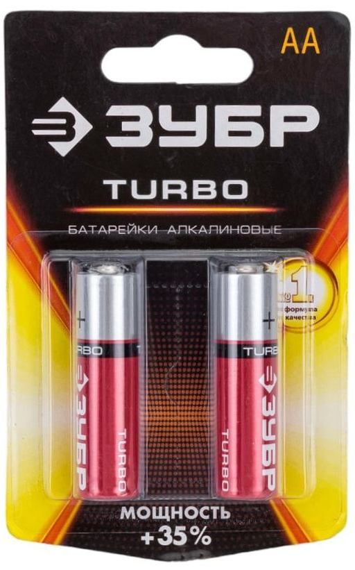 Батарейка пальчиковая щелочная тип AA 1,5 В ЗУБР Turbo 59213-2C, 2 шт - фото