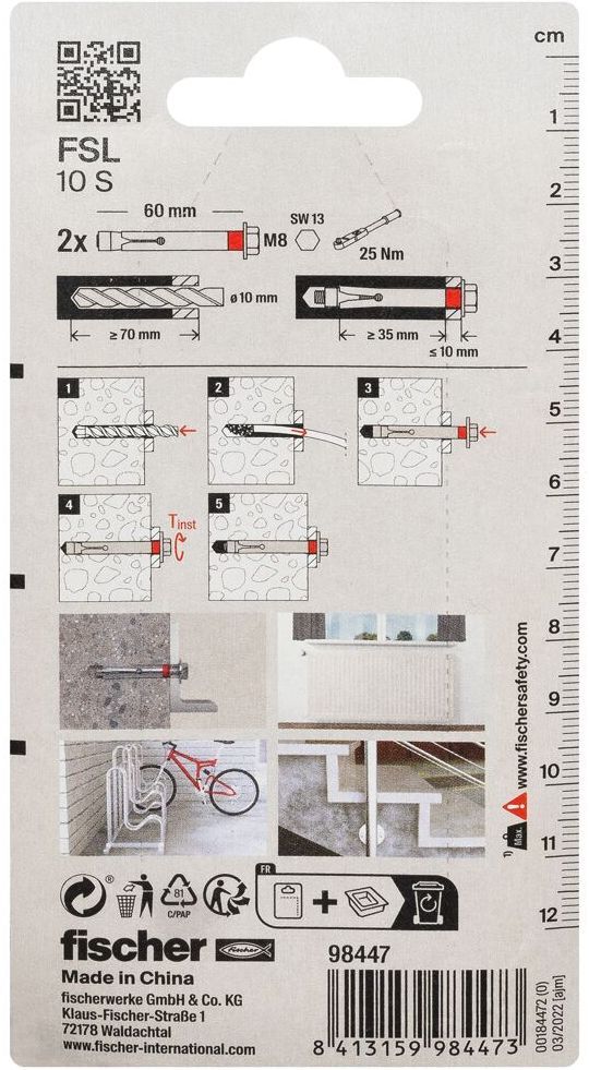 Анкер втулочный FSL 10 SK Fischer 098447, оцинкованная сталь, 2 штуки в блистере - фото