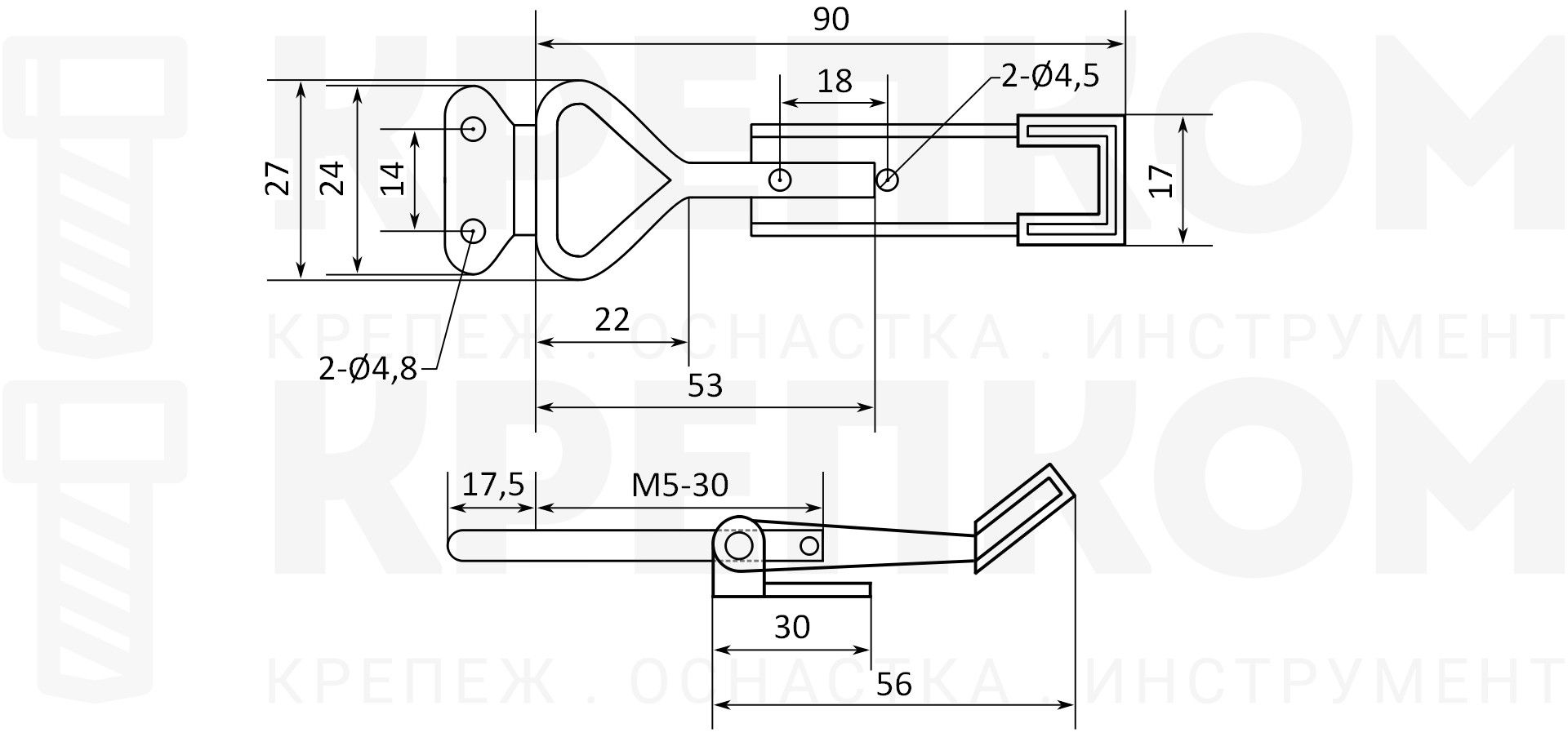 Замок регулируемый натяжной L=90 мм, нагрузка 100 кг, 053, нержавеющая сталь А2 - фото