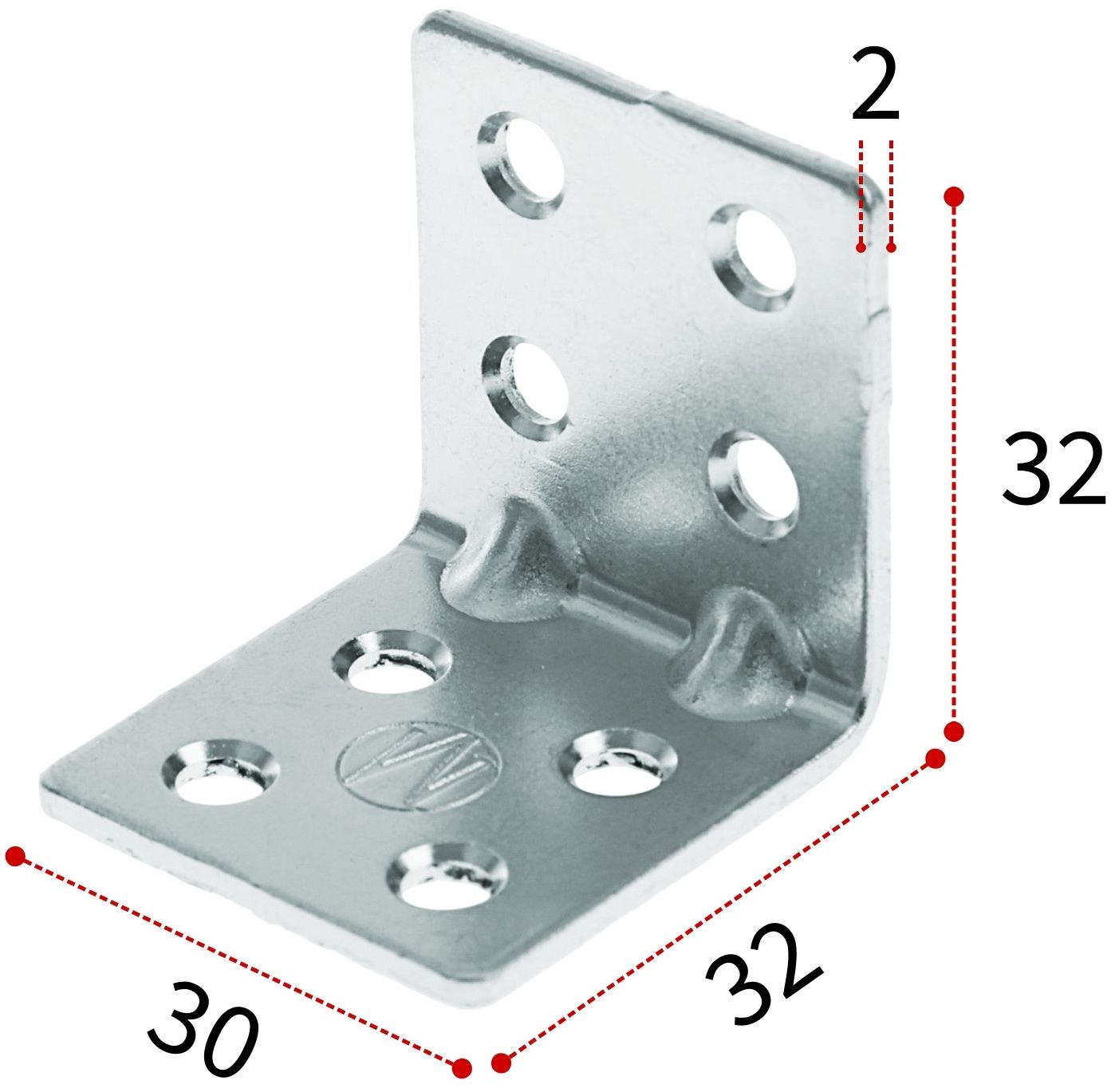 Уголок крепежный усиленный 32х32х30 мм, оцинкованная сталь - фото