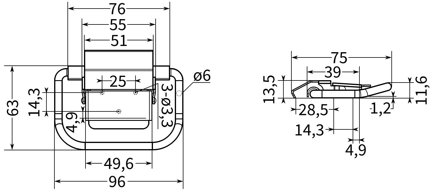 Откидная ручка для ящика с защелкой 96 мм B245, оцинкованная сталь - фото
