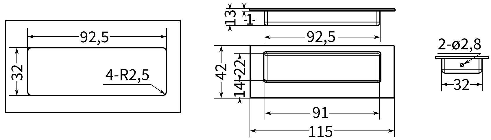 Ручка дверная встраиваемая L=115 N47C, нержавеющая сталь А2 - фото