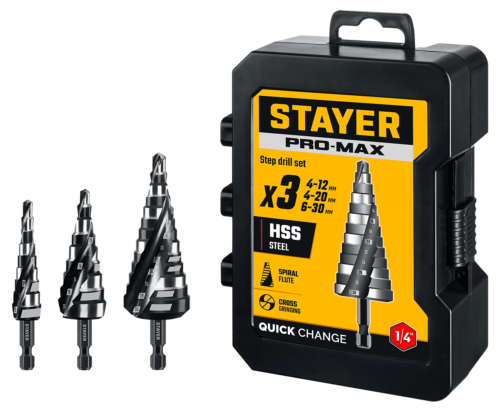 Изображение товара Набор ступенчатых сверл 4-30 мм с шестигранным хвостовиком Pro-Max Stayer 29661-4-30-H3 3 шт