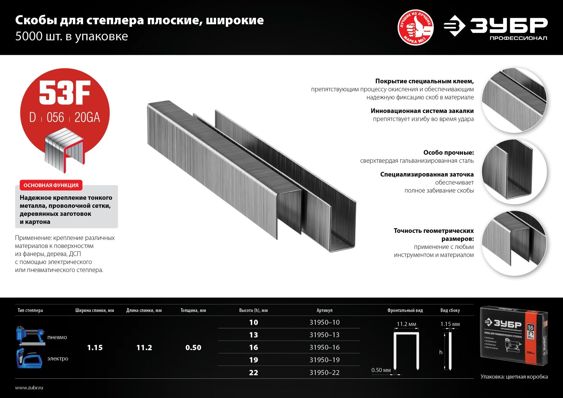 Скобы для степлера плоские широкие особо твёрдые тип 53F (20GA / D / 056) ЗУБР, оцинкованная сталь - фото