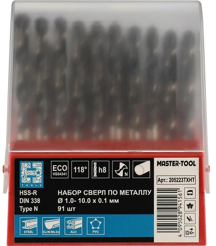 Набор сверл по металлу 1-10 мм HSS-R 118° DIN 338 H-Tools 205223TXHT, 91 шт - фото