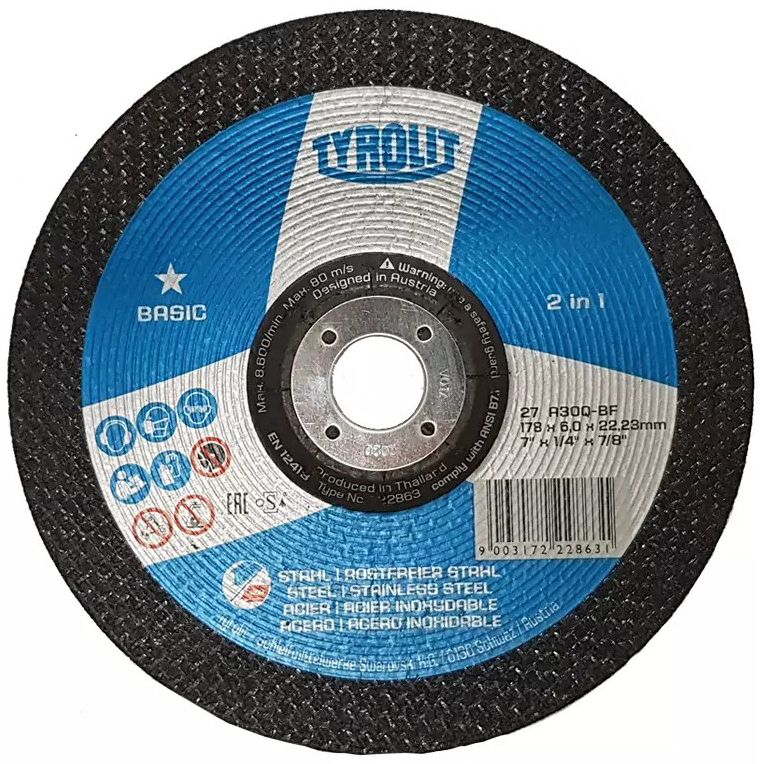 Изображение товара Шлифовальный диск 2в1 по металлу и нержавейке Tyrolit 178x6х22,2 мм А30-BF
