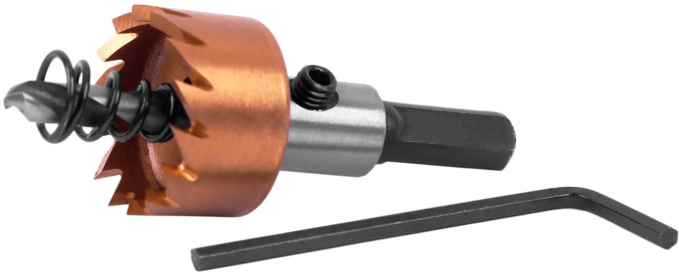 Коронка по металлу с центрирующим сверлом и толкающей пружиной, ц/х Messer, HSS-TiN - фото