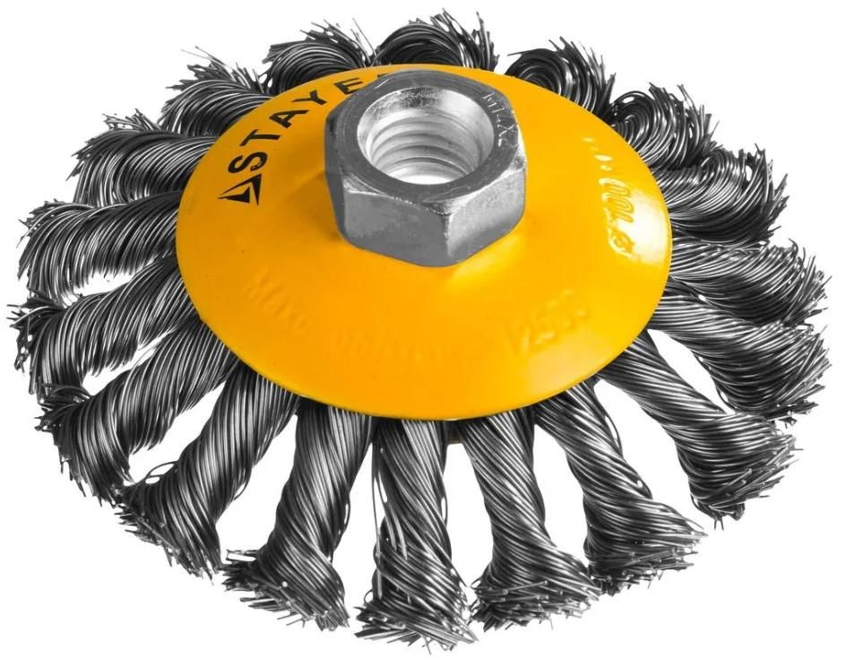Щетка-крацовка коническая для УШМ 100 мм, жгутированная стальная проволока 0,5 мм Stayer Prof 35135-100 - фото