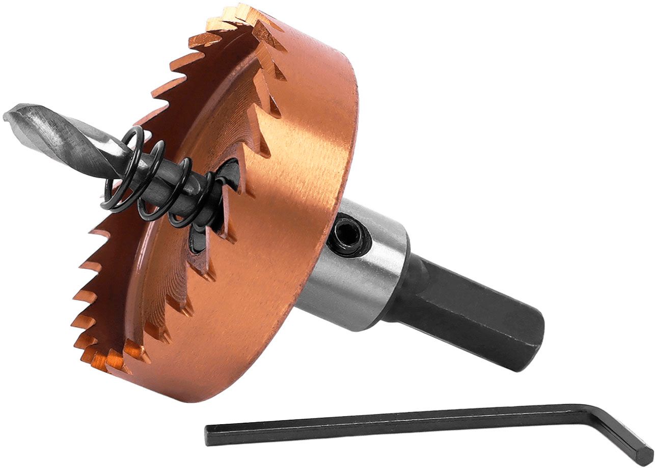 Коронка по металлу с центрирующим сверлом и толкающей пружиной, ц/х Messer, HSS-TiN - фото