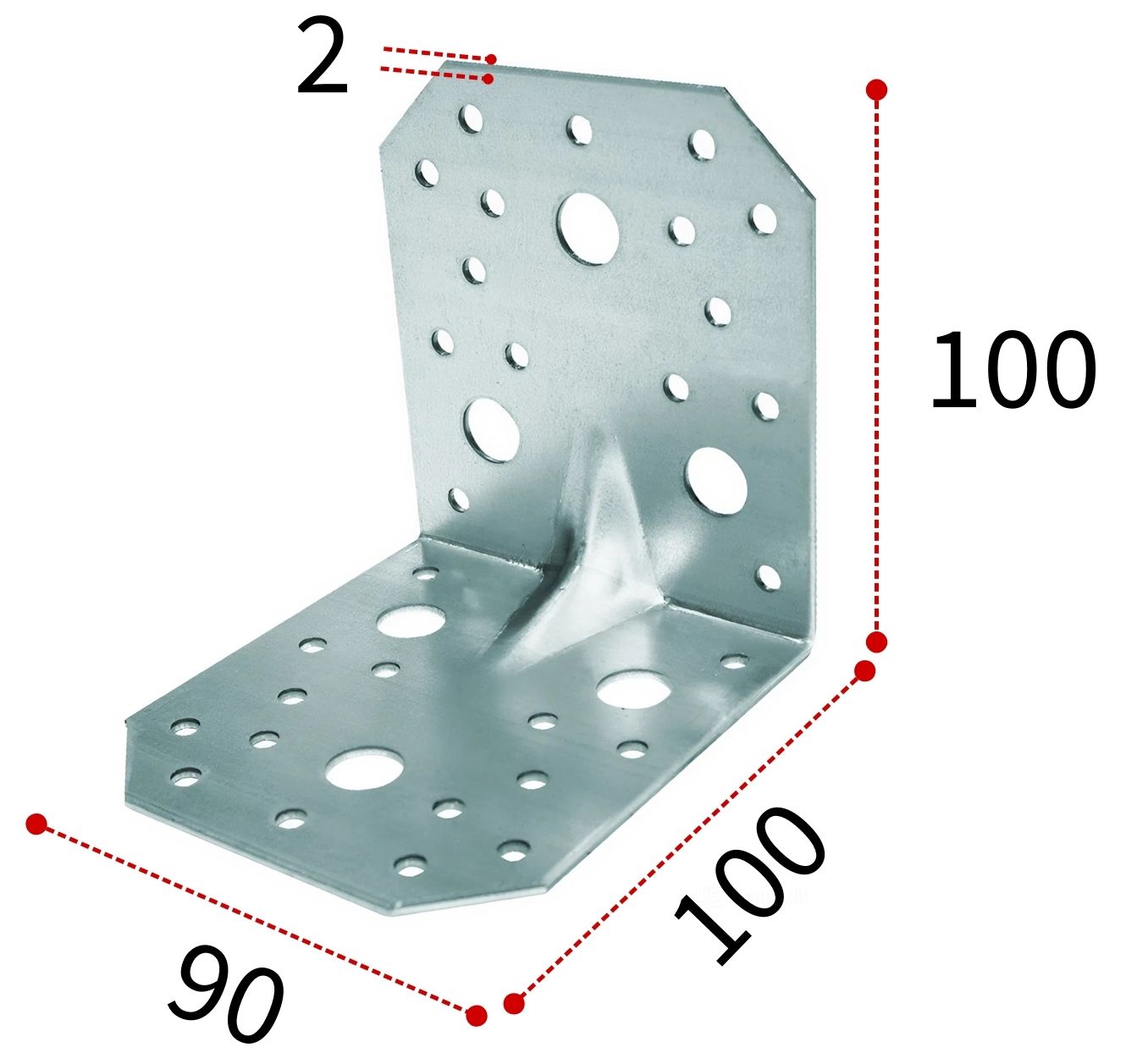 Уголок крепежный усиленный 100х90х2 мм KUU, оцинкованная сталь - фото