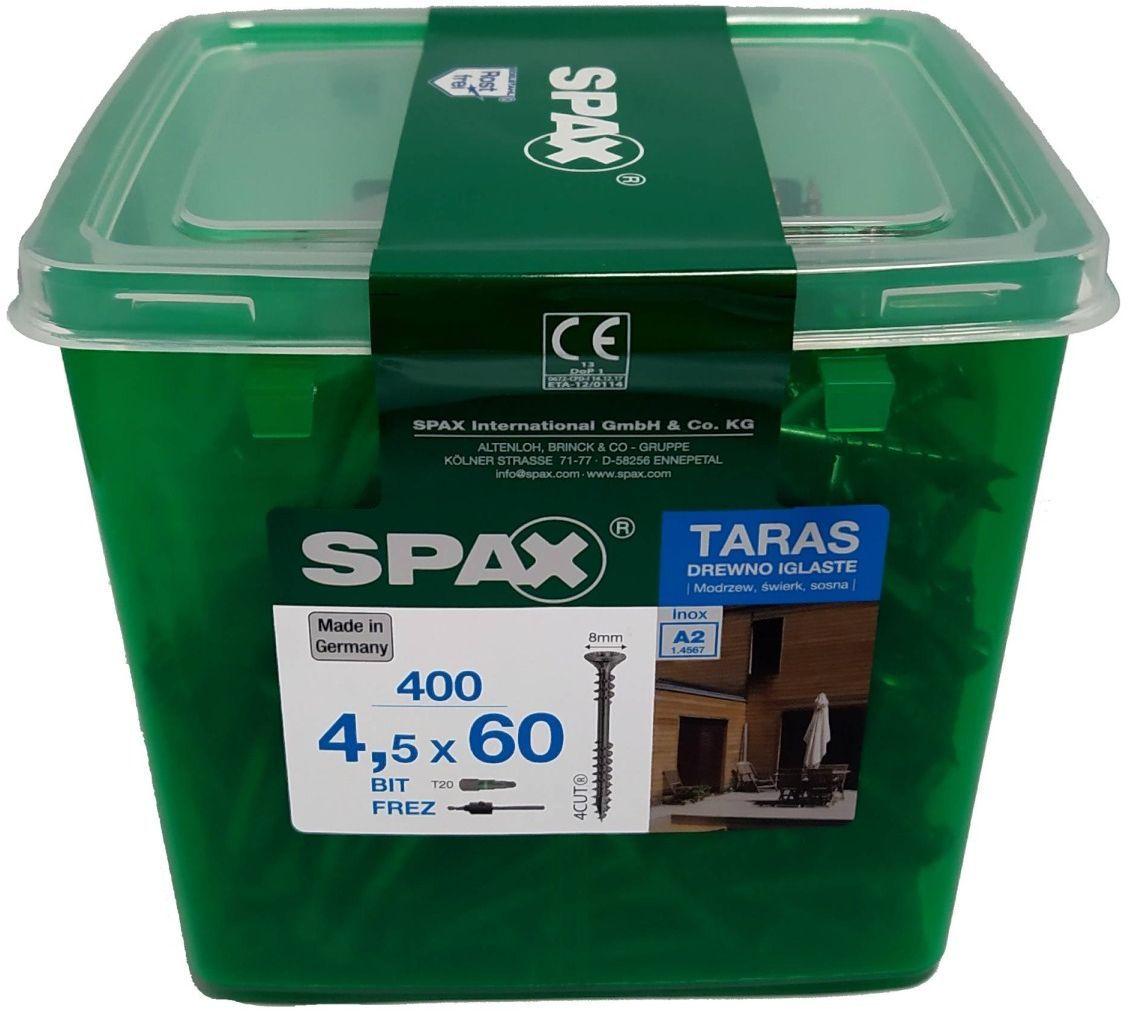 Саморез фасадный с полупотайной головкой и двойной резьбой 4,5х60 шлиц T-Star SPAX 4547000450609, нержавеющая сталь А2, (400 шт + бита, сверло) - фото
