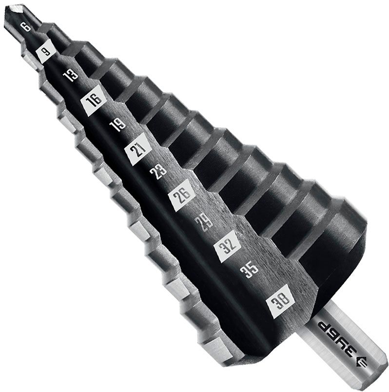 Сверло по металлу ступенчатое 6-38 мм, 12 ступеней, 3T хвостовик ЗУБР 29665-6-38-12_z01, сталь Р4М3 - фото