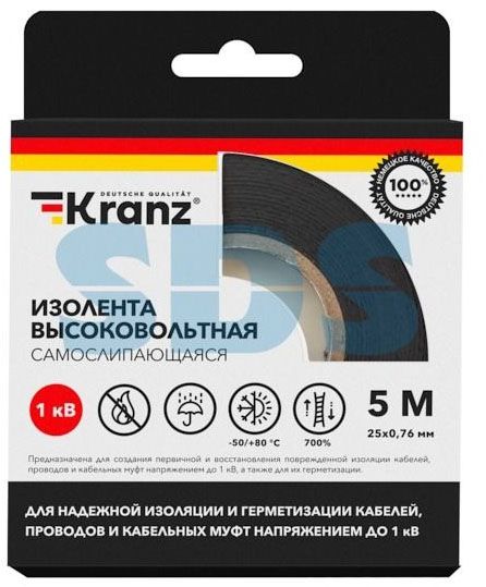 Изолента самослипающаяся высоковольтная до 1кВ, 0,76x25 мм, 5 м Kranz - фото