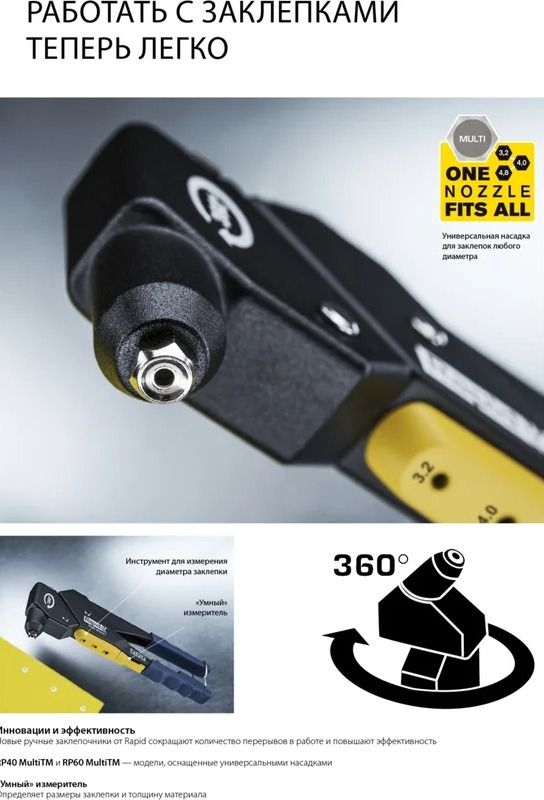 Заклепочник RP60 для вытяжных заклёпок 3,2 - 4,8 мм универсальная насадка поворотный 360° Rapid Multi 5001140 - фото