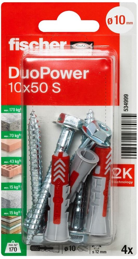 Дюбель 10x50 с винтом S Fischer DUOPOWER K NV 534999, нейлон, 4 штуки в блистере - фото