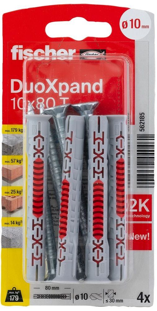 Дюбель фасадный DUOXpand 10x80 T Fischer 562185 с потайным шурупом, оцинкованная сталь, 4 шт в блистере - фото