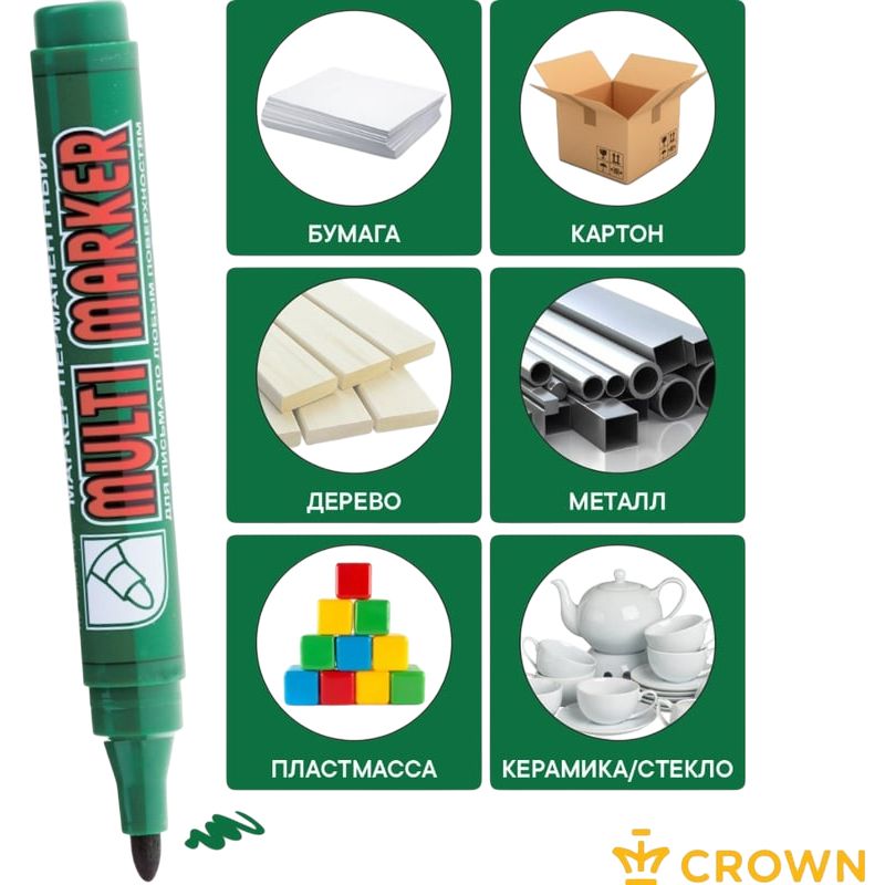 Маркер перманентный пулевидный 3 мм Crown Multi Marker CPM-800, зеленый - фото
