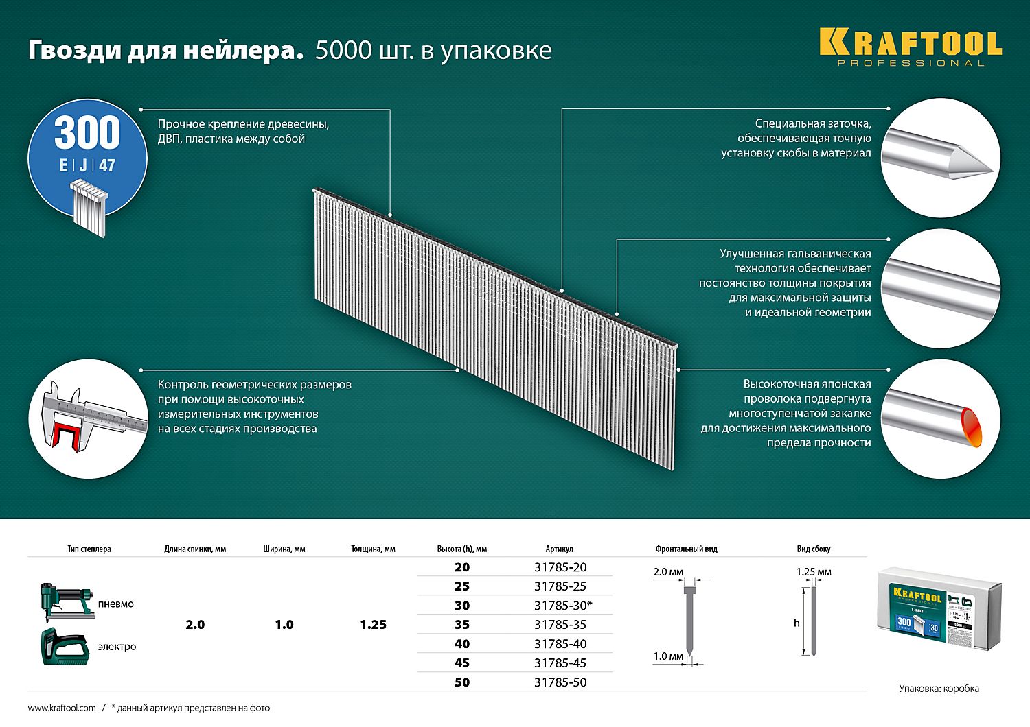 Гвозди для нейлера тип 18GA (47/ 300 /F) Kraftool, оцинкованная сталь - фото